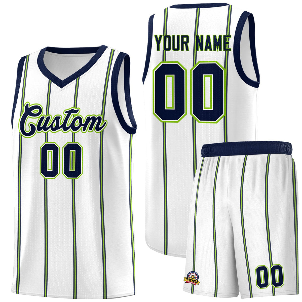 Custom White Navy Neon Green Vertical Stripes Single Sided Sets Basketball Jersey | For Men,Stitched,Perfect for Training,Add Name and Numbern | KXKSHOP