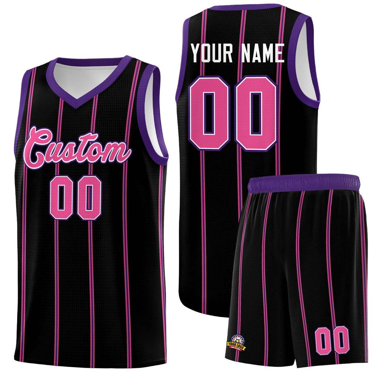 Custom Black Purple Pink White Vertical Stripes Single Sided Sets Basketball Jersey | For Men,Stitched,Perfect for Training,Add Name and Numbern | KXKSHOP