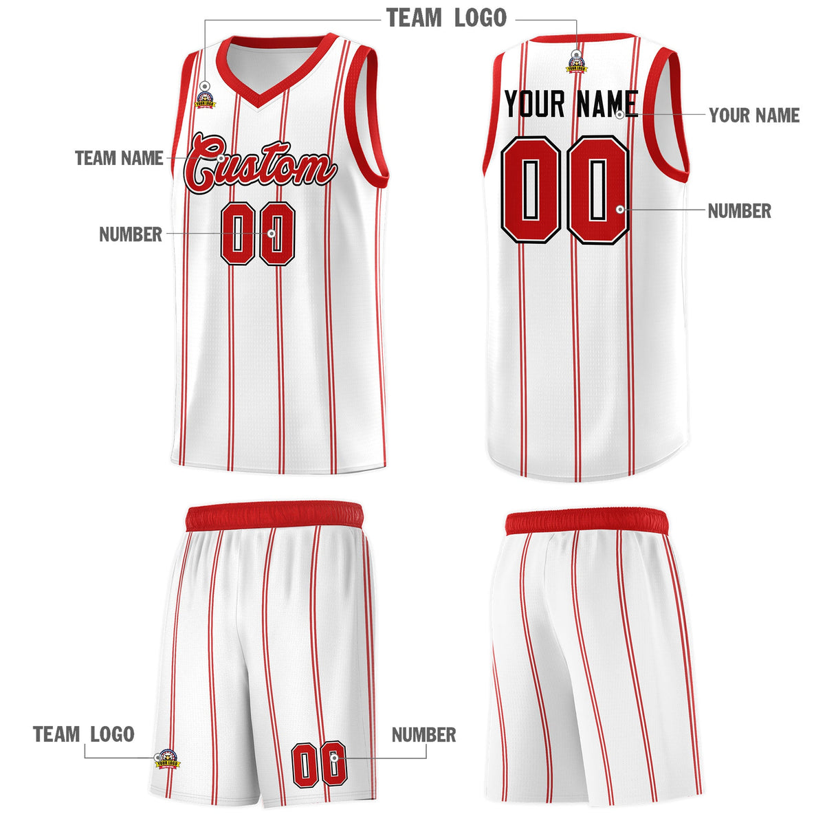 Custom White Red Black Vertical Stripes Single Sided Sets Basketball Jersey | For Men,Stitched,Perfect for Training,Add Name and Numbern | KXKSHOP