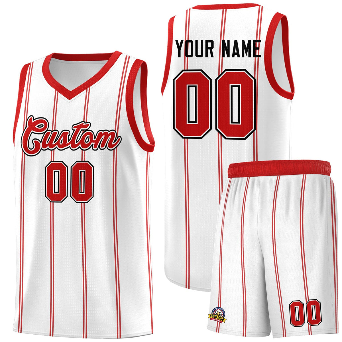 Custom White Red Black Vertical Stripes Single Sided Sets Basketball Jersey | For Men,Stitched,Perfect for Training,Add Name and Numbern | KXKSHOP