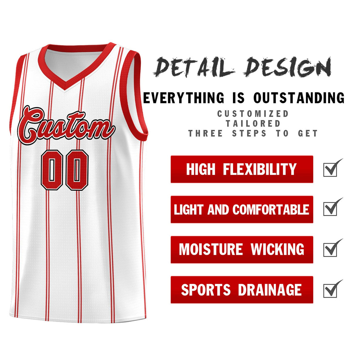 Custom White Red Black Vertical Stripes Single Sided Sets Basketball Jersey | For Men,Stitched,Perfect for Training,Add Name and Numbern | KXKSHOP