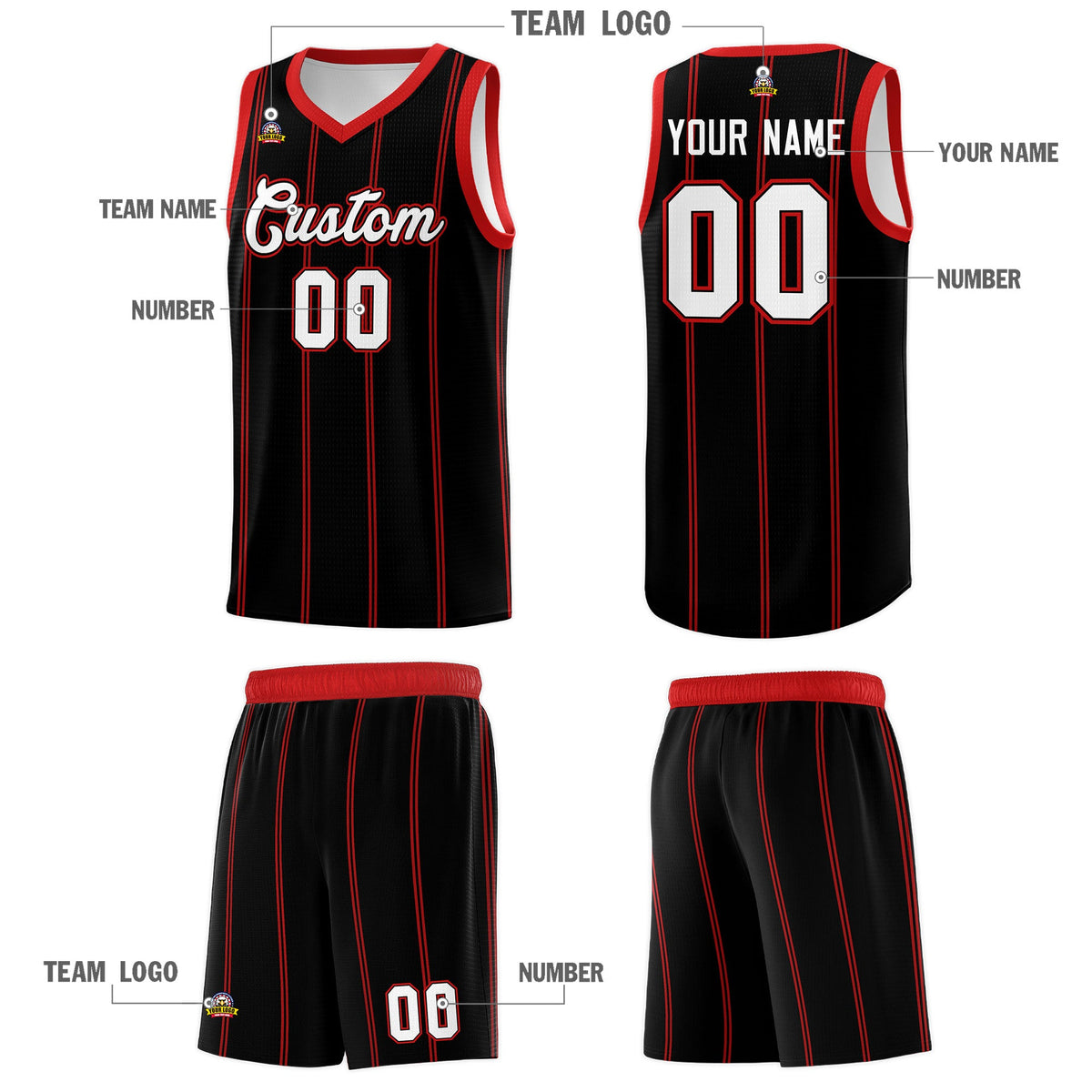 Custom Black Red White Vertical Stripes Single Sided Sets Basketball Jersey | For Men,Stitched,Perfect for Training,Add Name and Numbern | KXKSHOP
