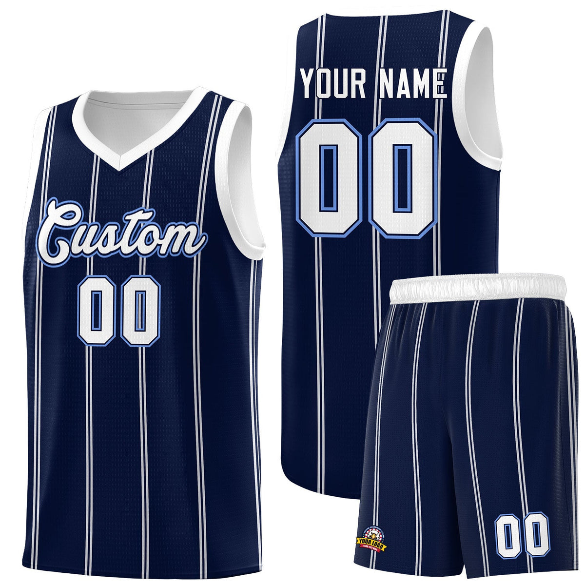 Custom Navy White Light Blue Vertical Stripes Single Sided Sets Basketball Jersey | For Men,Stitched,Perfect for Training,Add Name and Numbern | KXKSHOP