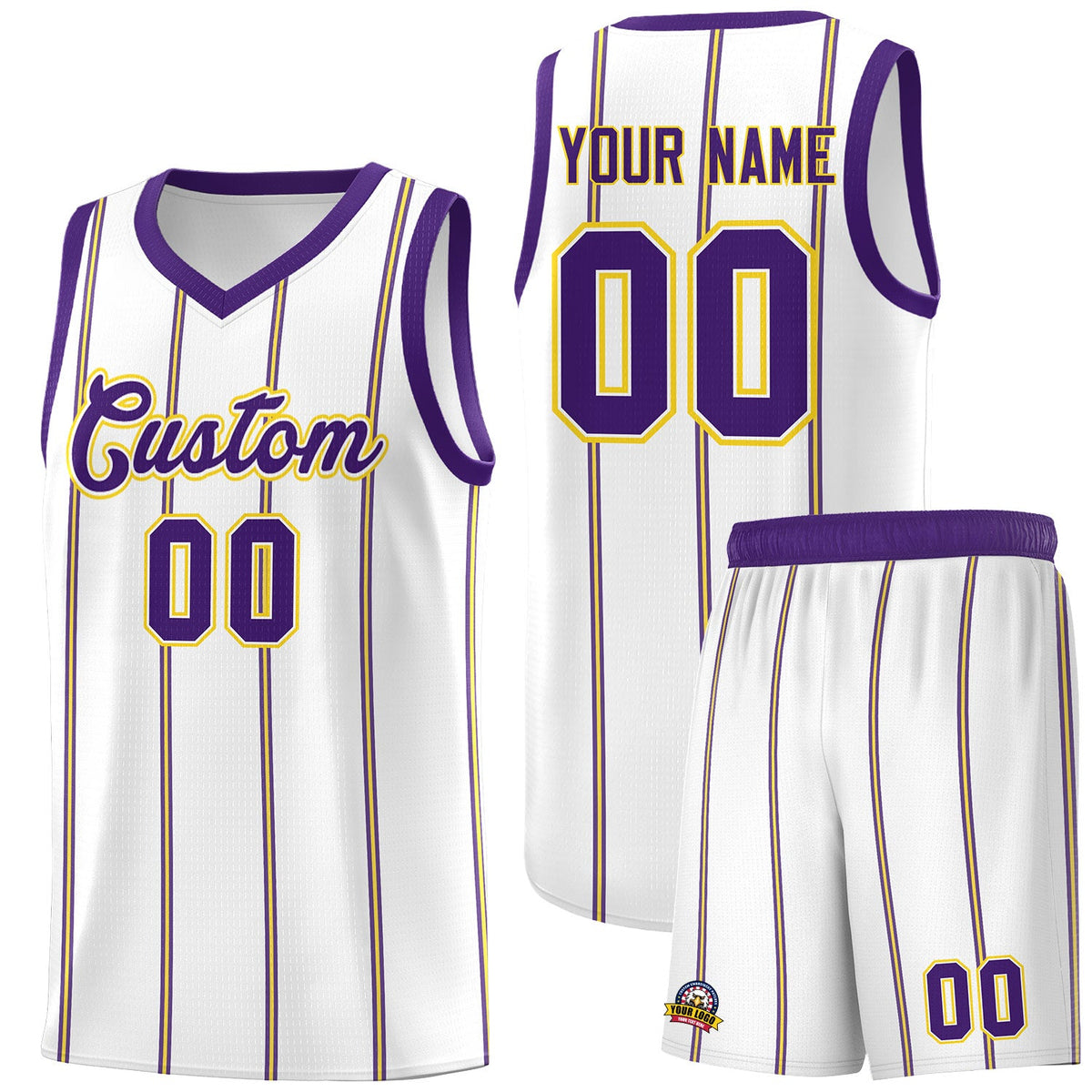 Custom White Purple Gold Vertical Stripes Single Sided Sets Basketball Jersey | For Men,Stitched,Perfect for Training,Add Name and Numbern | KXKSHOP