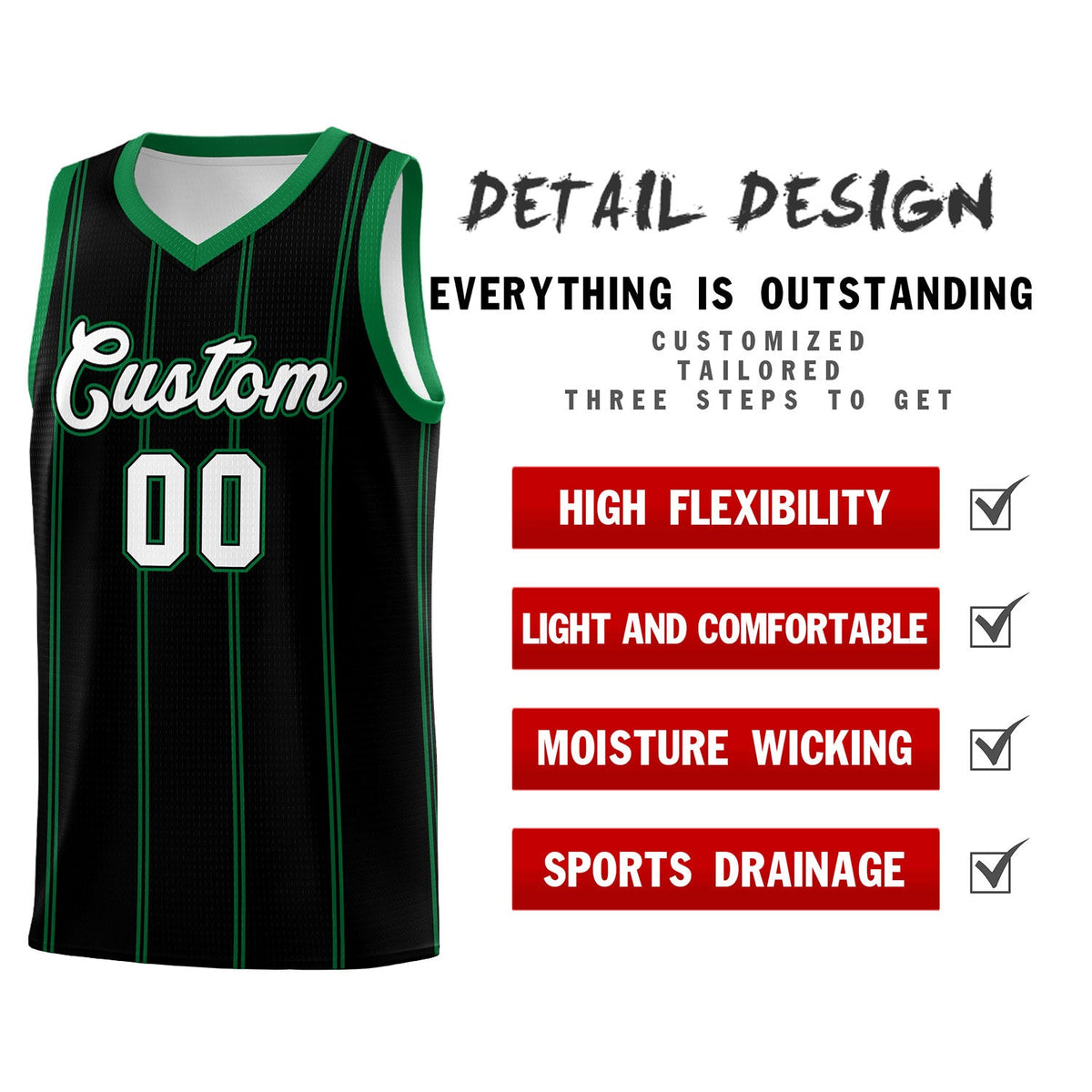 Custom Black Kelly Green White Vertical Stripes Single Sided Sets Basketball Jersey | For Men,Stitched,Perfect for Training,Add Name and Numbern | KXKSHOP