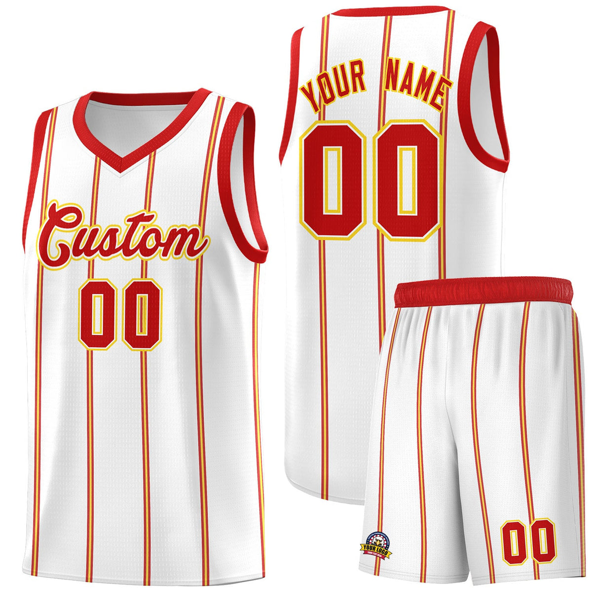 Custom White Red Gold Vertical Stripes Single Sided Sets Basketball Jersey | For Men,Stitched,Perfect for Training,Add Name and Numbern | KXKSHOP