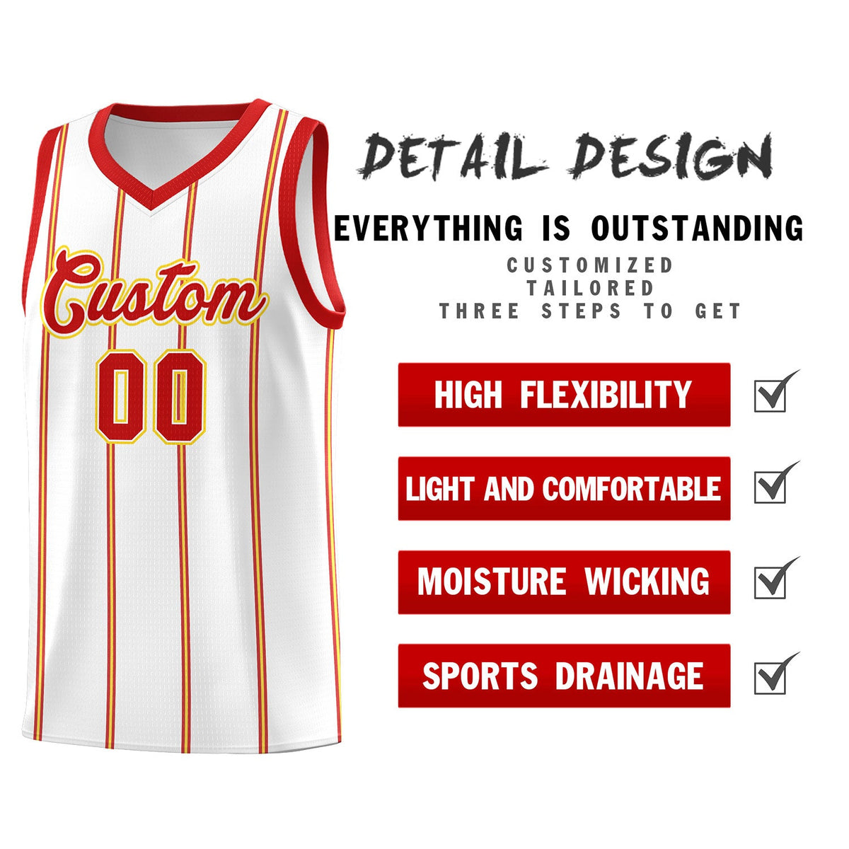 Custom White Red Gold Vertical Stripes Single Sided Sets Basketball Jersey | For Men,Stitched,Perfect for Training,Add Name and Numbern | KXKSHOP
