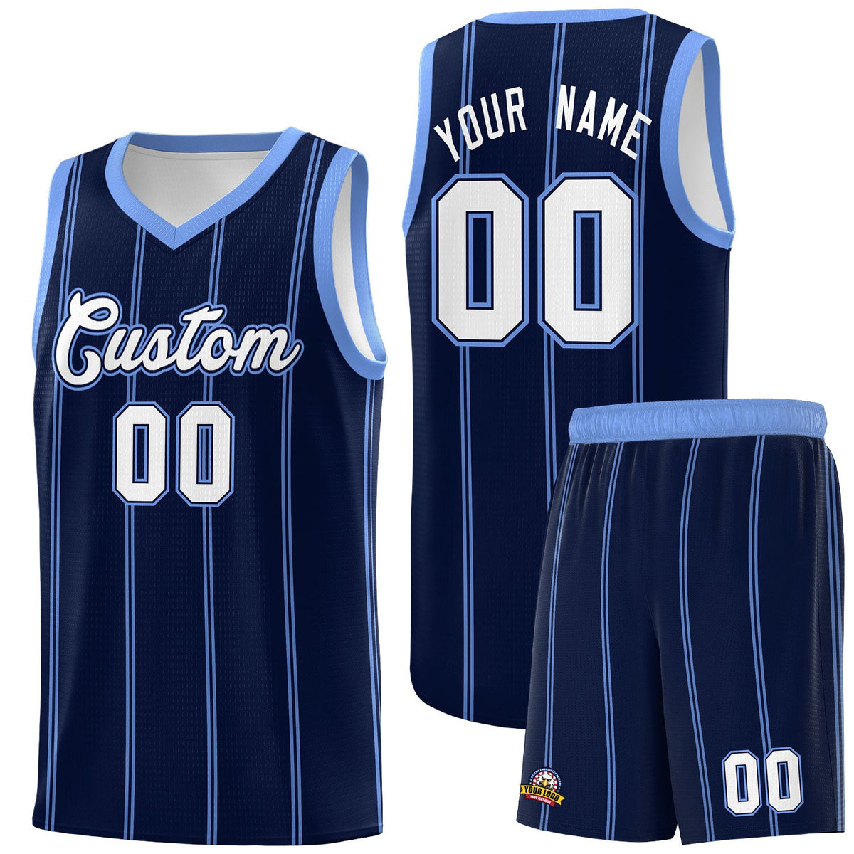 Custom Navy Light Blue White Vertical Stripes Single Sided Sets Basketball Jersey | For Men,Stitched,Perfect for Training,Add Name and Numbern | KXKSHOP