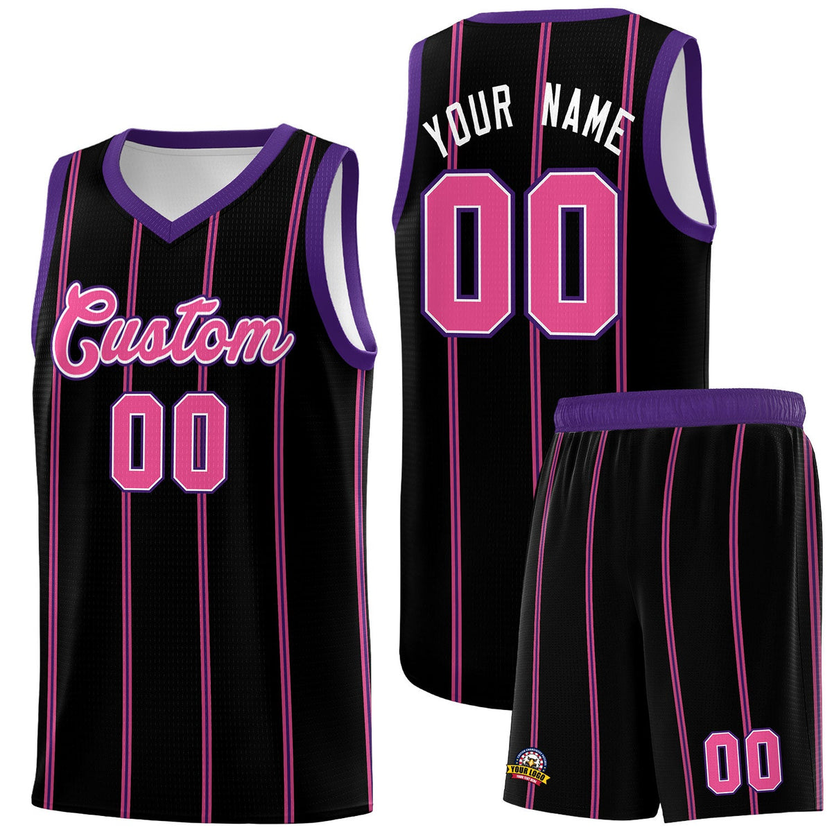 Custom Black Purple Pink White Vertical Stripes Single Sided Sets Basketball Jersey | For Men,Stitched,Perfect for Training,Add Name and Numbern | KXKSHOP