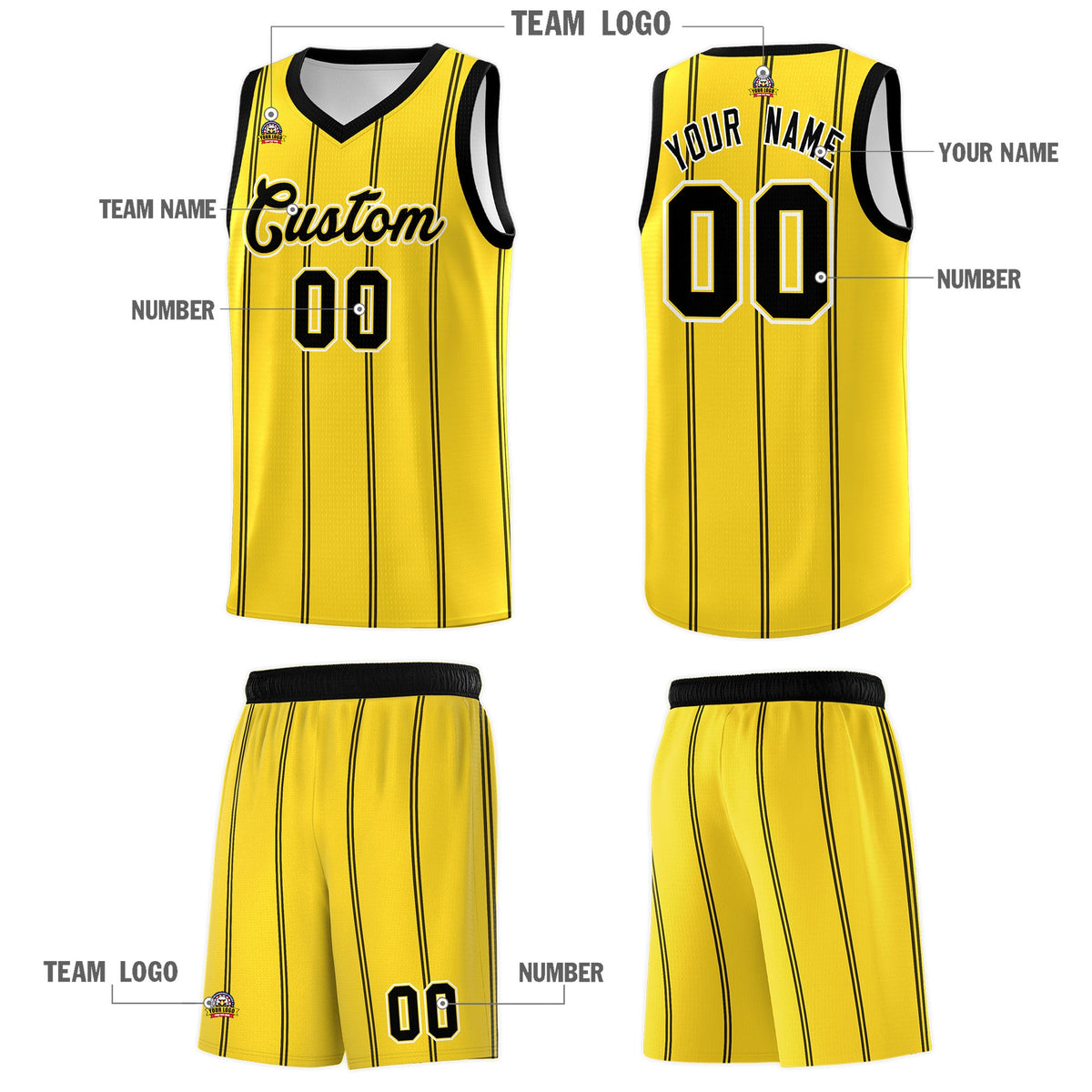 Custom Gold Black White Vertical Stripes Single Sided Sets Basketball Jersey | For Men,Stitched,Perfect for Training,Add Name and Numbern | KXKSHOP