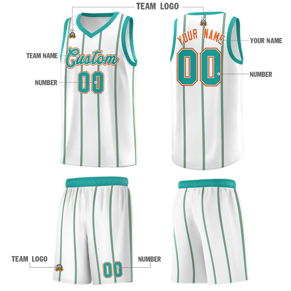 Custom White Aqua Orange Vertical Stripes Single Sided Sets Basketball Jersey | For Men,Stitched,Perfect for Training,Add Name and Numbern | KXKSHOP
