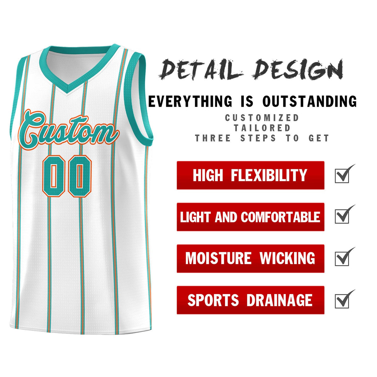 Custom White Aqua Orange Vertical Stripes Single Sided Sets Basketball Jersey | For Men,Stitched,Perfect for Training,Add Name and Numbern | KXKSHOP