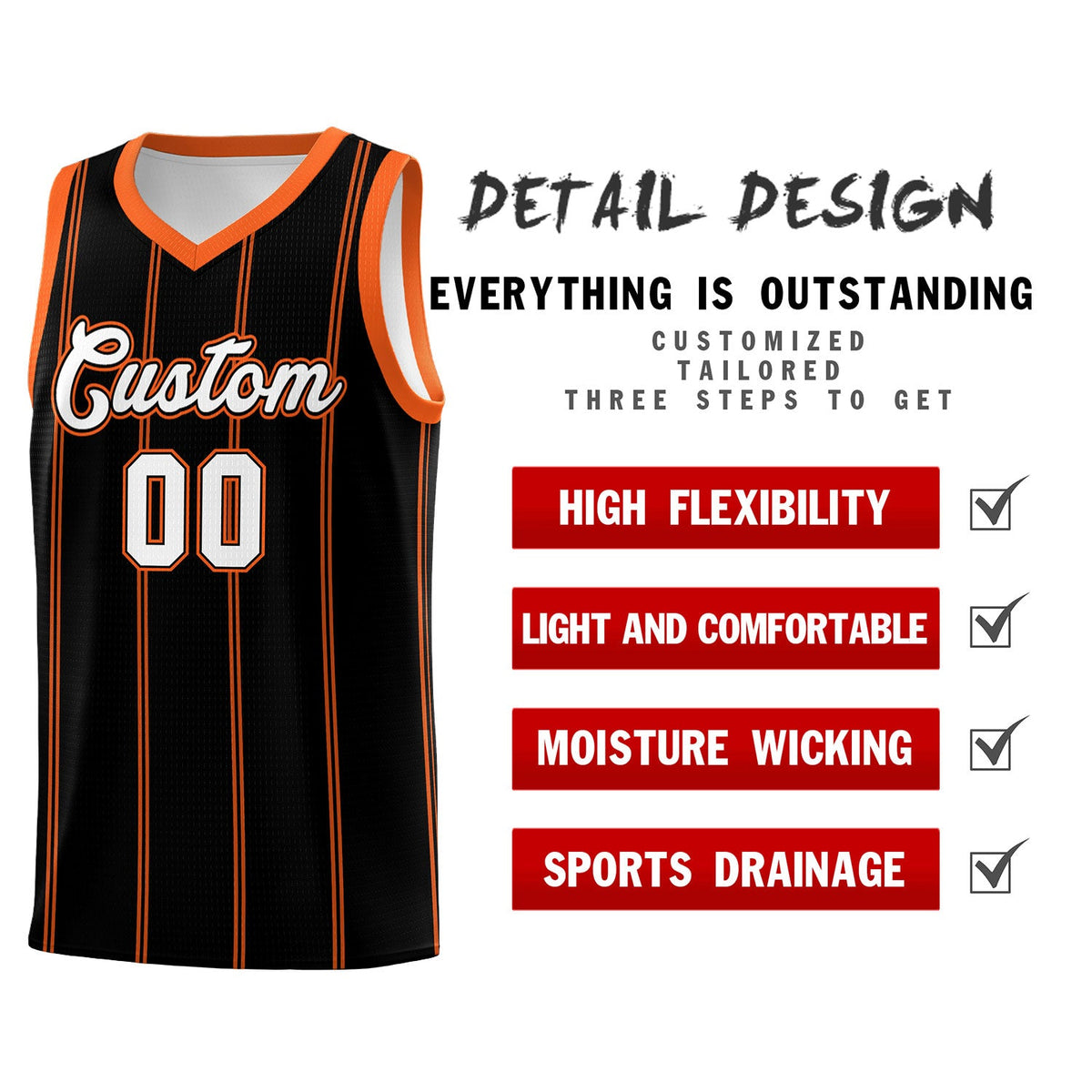 Custom Black Orange White Vertical Stripes Single Sided Sets Basketball Jersey | For Men,Stitched,Perfect for Training,Add Name and Numbern | KXKSHOP