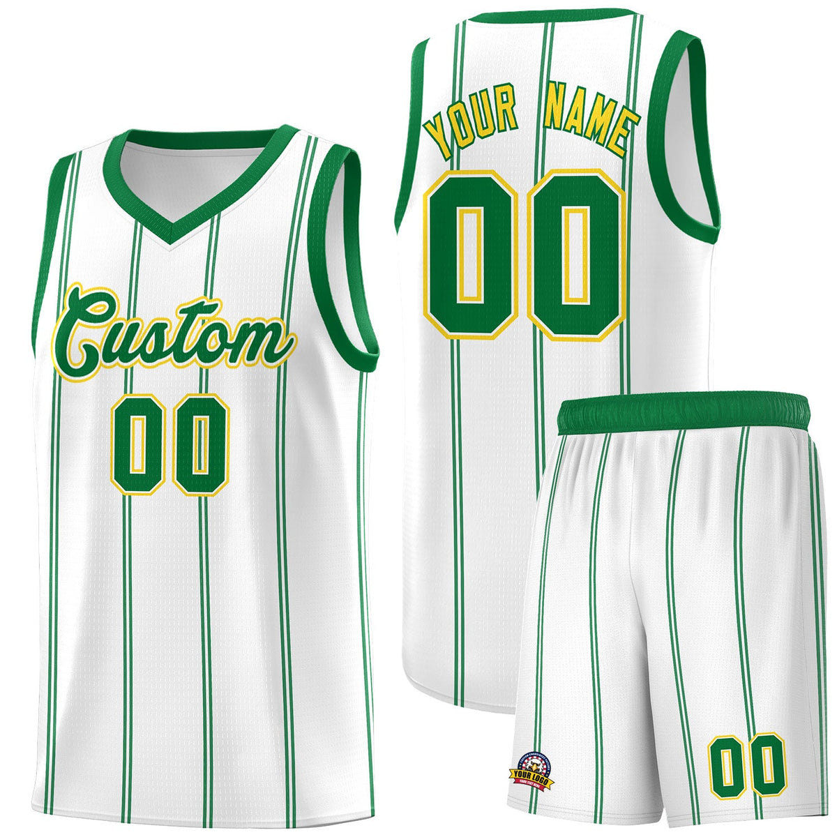 Custom White Kelly Green Gold Vertical Stripes Single Sided Sets Basketball Jersey | For Men,Stitched,Perfect for Training,Add Name and Numbern | KXKSHOP