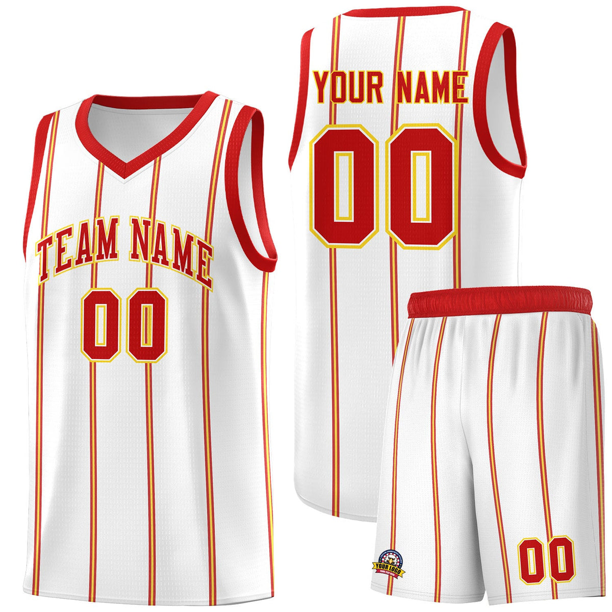 Custom White Red Gold Vertical Stripes Single Sided Sets Basketball Jersey | For Men,Stitched,Perfect for Training,Add Name and Numbern | KXKSHOP