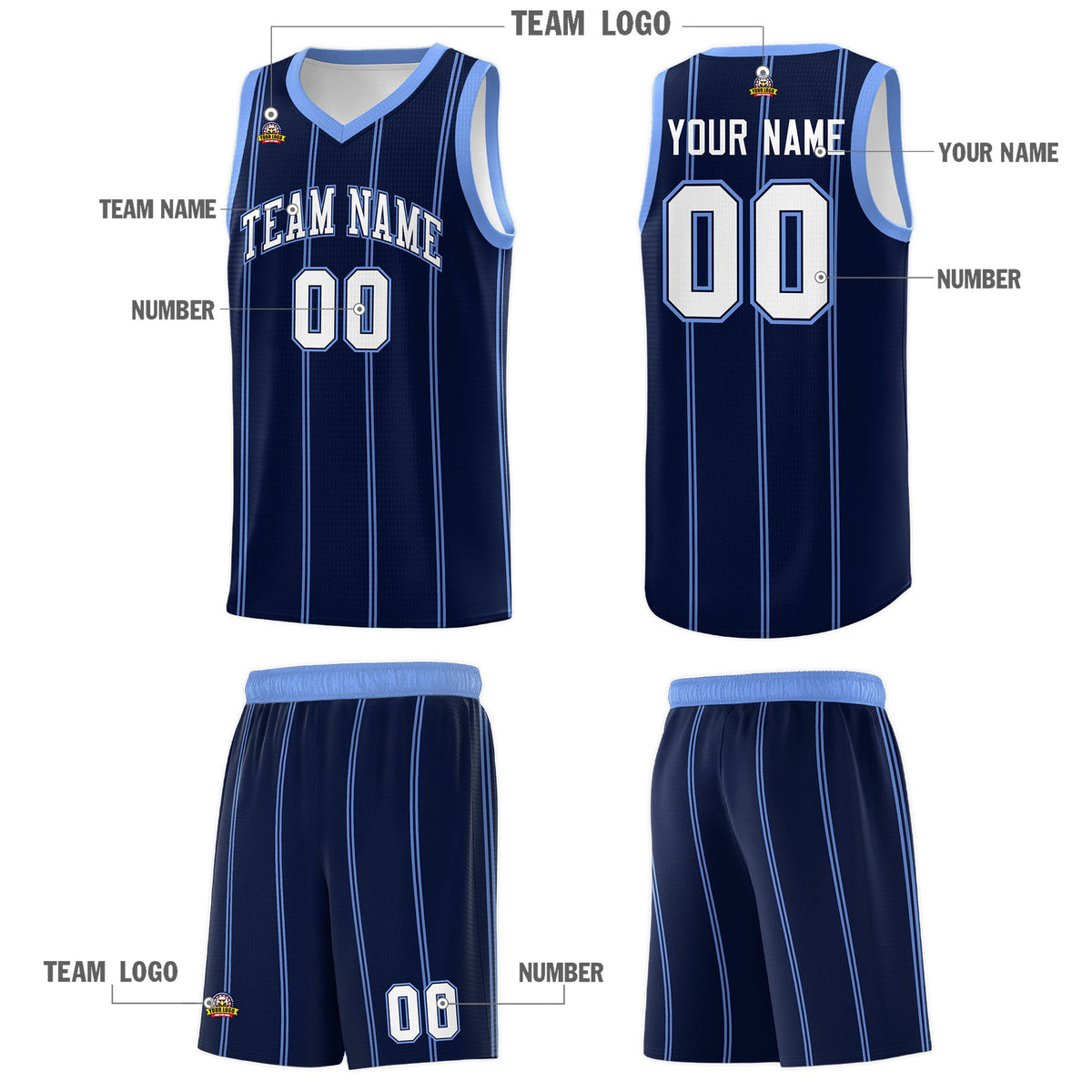 Custom Navy Light Blue White Vertical Stripes Single Sided Sets Basketball Jersey | For Men,Stitched,Perfect for Training,Add Name and Numbern | KXKSHOP