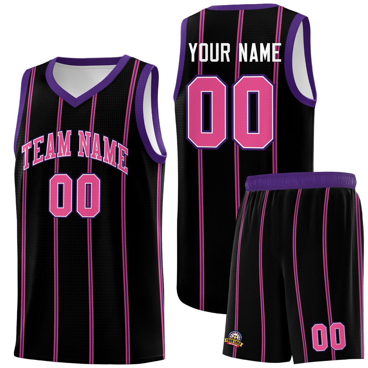 Custom Black Purple Pink White Vertical Stripes Single Sided Sets Basketball Jersey | For Men,Stitched,Perfect for Training,Add Name and Numbern | KXKSHOP