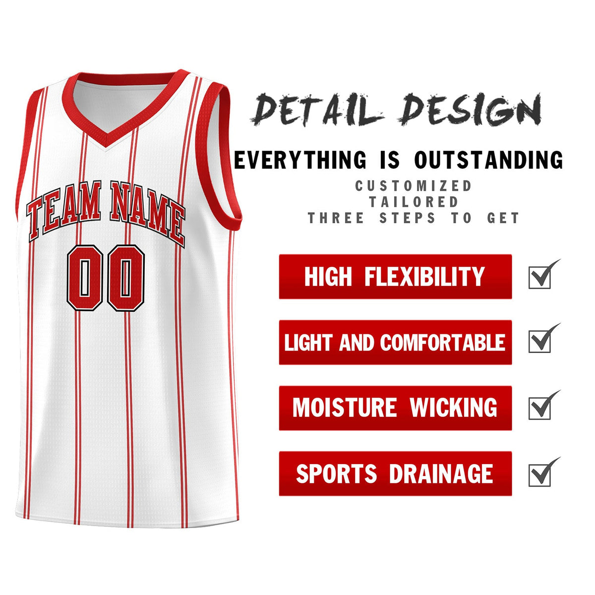 Custom White Red Black Vertical Stripes Single Sided Sets Basketball Jersey | For Men,Stitched,Perfect for Training,Add Name and Numbern | KXKSHOP