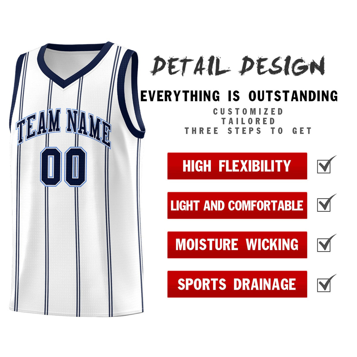 Custom White Navy Light Blue Vertical Stripes Single Sided Sets Basketball Jersey | For Men,Stitched,Perfect for Training,Add Name and Numbern | KXKSHOP