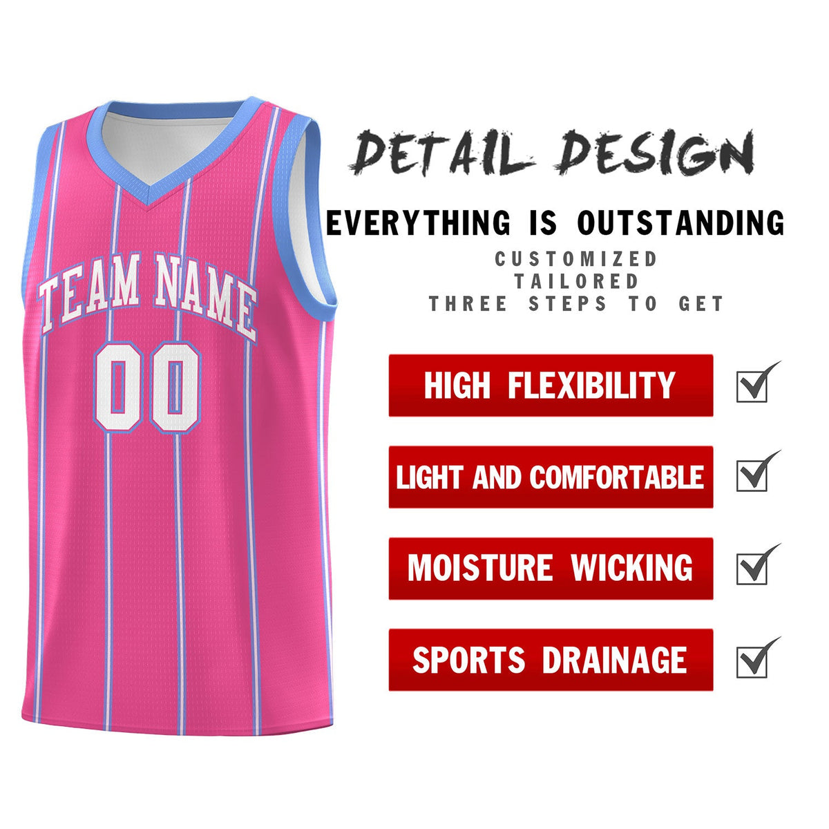 Custom Pink Light Blue White Vertical Stripes Single Sided Sets Basketball Jersey | For Men,Stitched,Perfect for Training,Add Name and Numbern | KXKSHOP