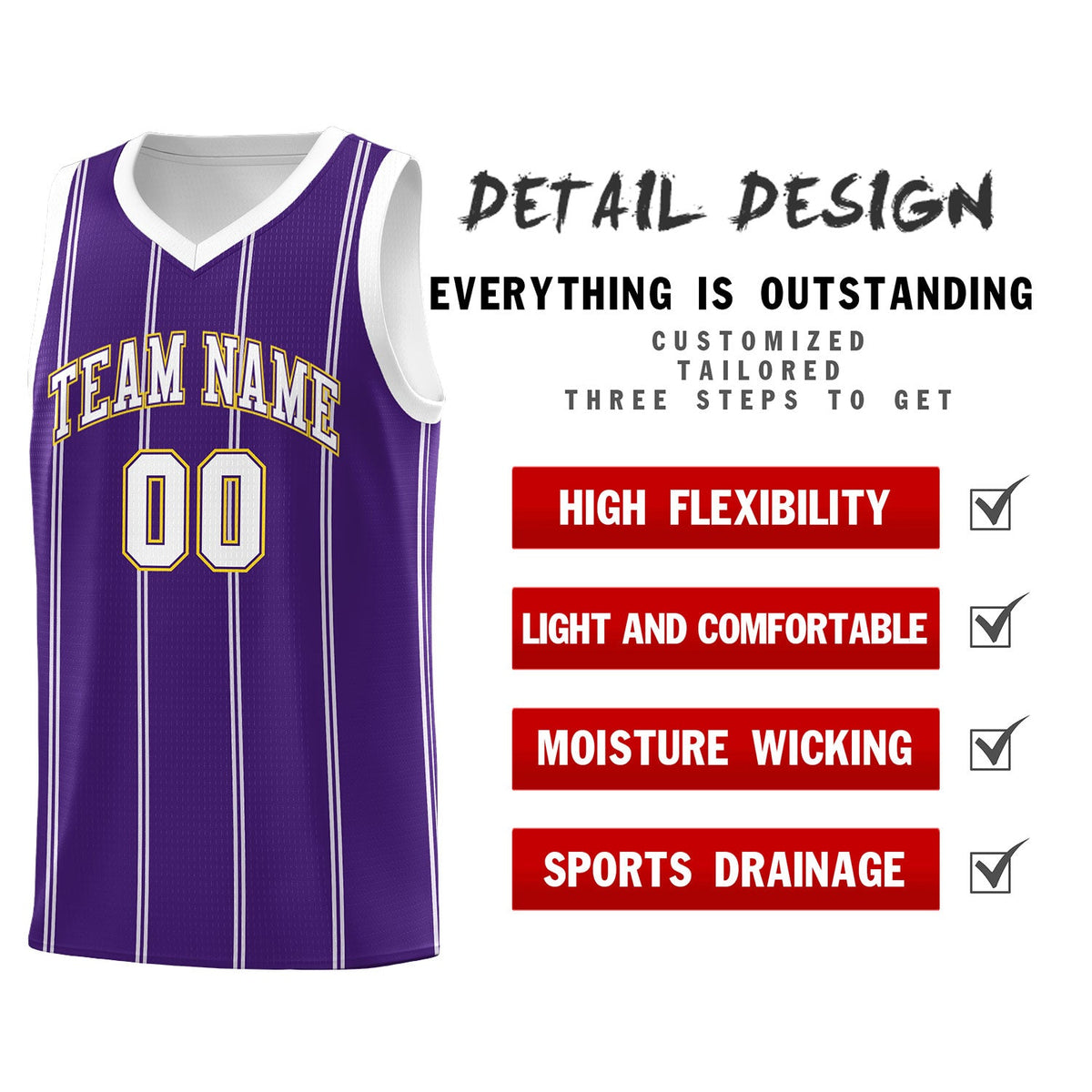 Custom Purple White Gold Vertical Stripes Single Sided Sets Basketball Jersey | For Men,Stitched,Perfect for Training,Add Name and Numbern | KXKSHOP