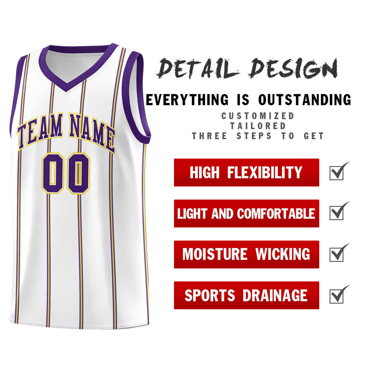 Custom White Purple Gold Vertical Stripes Single Sided Sets Basketball Jersey | For Men,Stitched,Perfect for Training,Add Name and Numbern | KXKSHOP