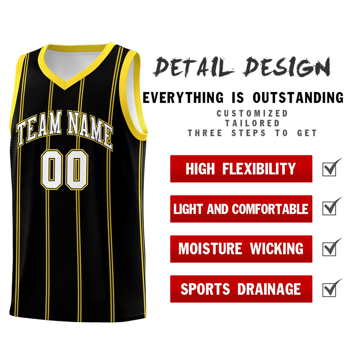 Custom Black Gold White Vertical Stripes Single Sided Sets Basketball Jersey | For Men,Stitched,Perfect for Training,Add Name and Numbern | KXKSHOP