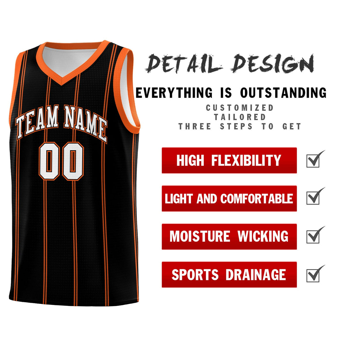 Custom Black Orange White Vertical Stripes Single Sided Sets Basketball Jersey | For Men,Stitched,Perfect for Training,Add Name and Numbern | KXKSHOP