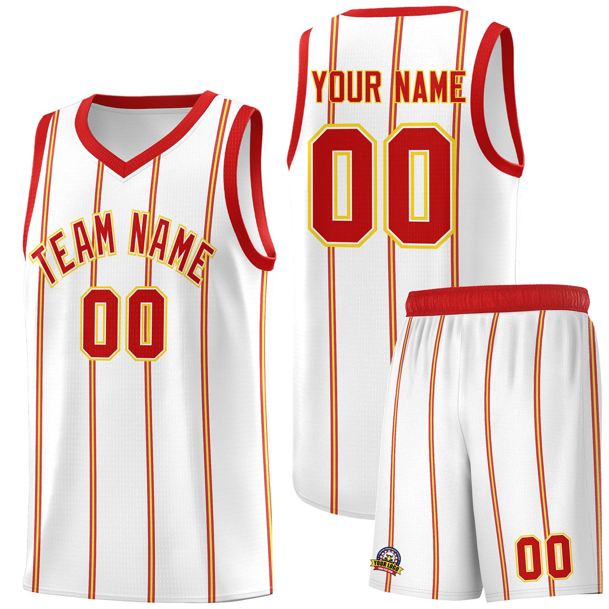 Custom White Red Gold Vertical Stripes Single Sided Sets Basketball Jersey | For Men,Stitched,Perfect for Training,Add Name and Numbern | KXKSHOP
