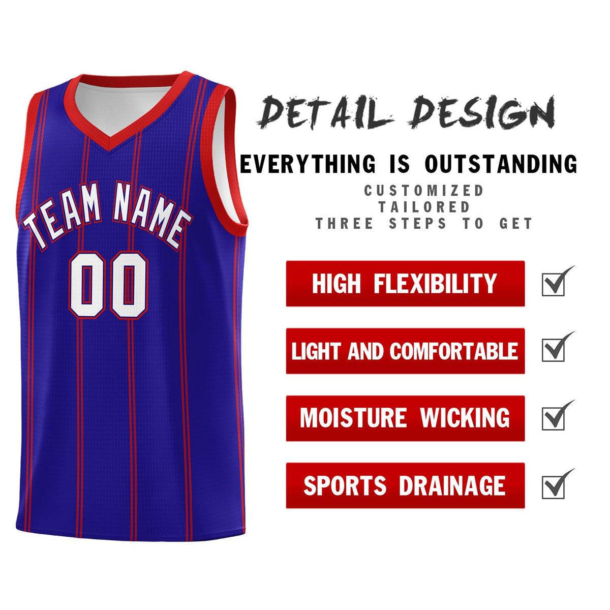 Custom Royal Blue Red White Vertical Stripes Single Sided Sets Basketball Jersey | For Men,Stitched,Perfect for Training,Add Name and Numbern | KXKSHOP