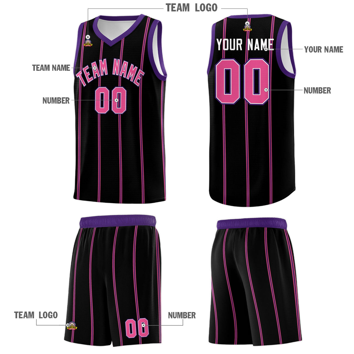 Custom Black Purple Pink White Vertical Stripes Single Sided Sets Basketball Jersey | For Men,Stitched,Perfect for Training,Add Name and Numbern | KXKSHOP