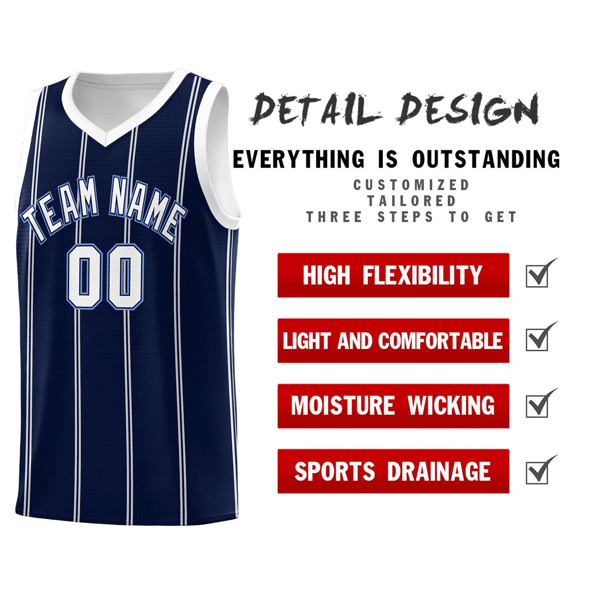 Custom Navy White Light Blue Vertical Stripes Single Sided Sets Basketball Jersey | For Men,Stitched,Perfect for Training,Add Name and Numbern | KXKSHOP
