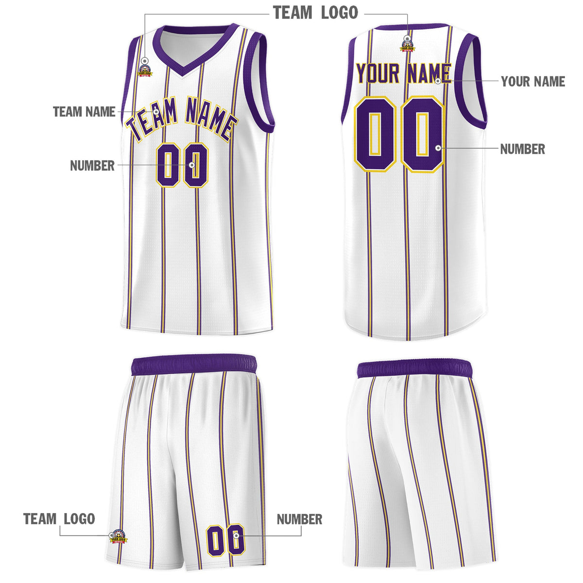 Custom White Purple Gold Vertical Stripes Single Sided Sets Basketball Jersey | For Men,Stitched,Perfect for Training,Add Name and Numbern | KXKSHOP
