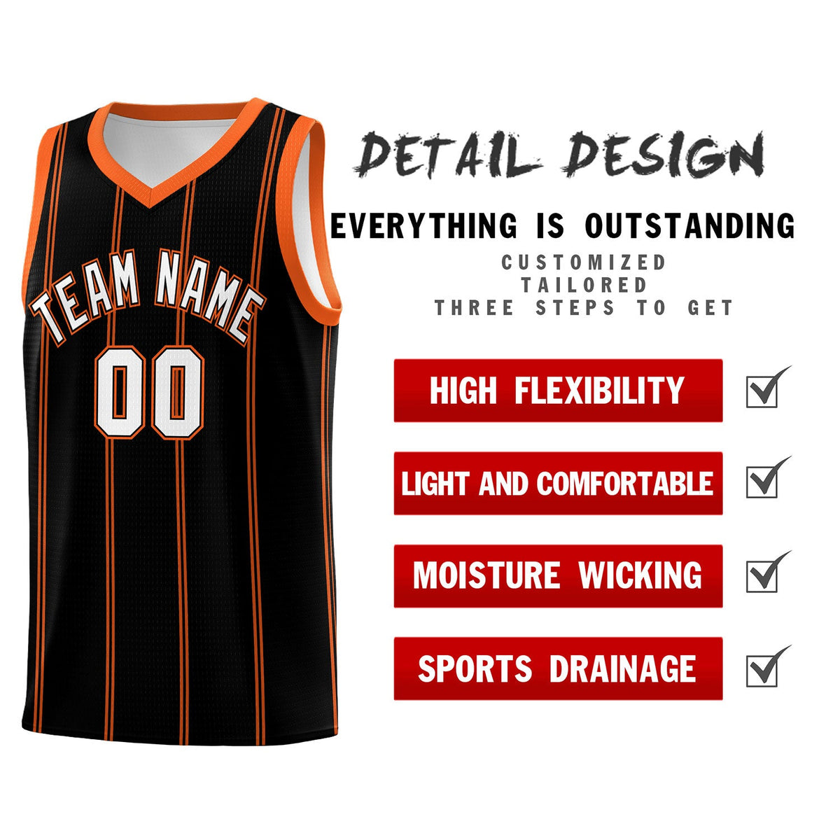 Custom Black Orange White Vertical Stripes Single Sided Sets Basketball Jersey | For Men,Stitched,Perfect for Training,Add Name and Numbern | KXKSHOP