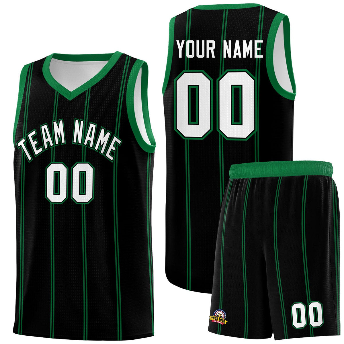 Custom Black Kelly Green White Vertical Stripes Single Sided Sets Basketball Jersey | For Men,Stitched,Perfect for Training,Add Name and Numbern | KXKSHOP