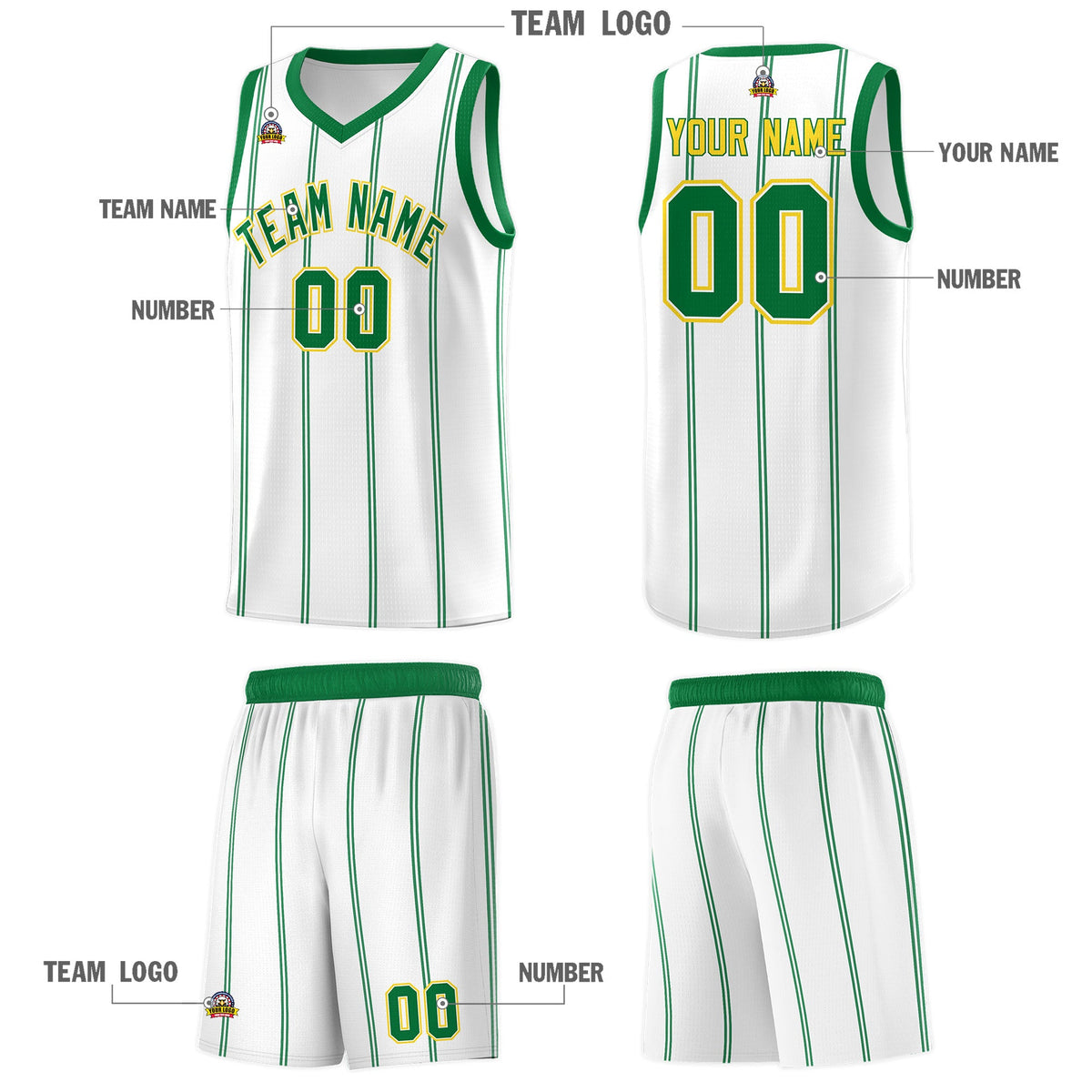 Custom White Kelly Green Gold Vertical Stripes Single Sided Sets Basketball Jersey | For Men,Stitched,Perfect for Training,Add Name and Numbern | KXKSHOP