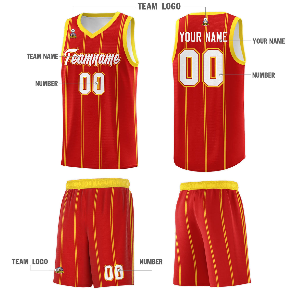 Custom Red Gold White Vertical Stripes Single Sided Sets Basketball Jersey | For Men,Stitched,Perfect for Training,Add Name and Numbern | KXKSHOP