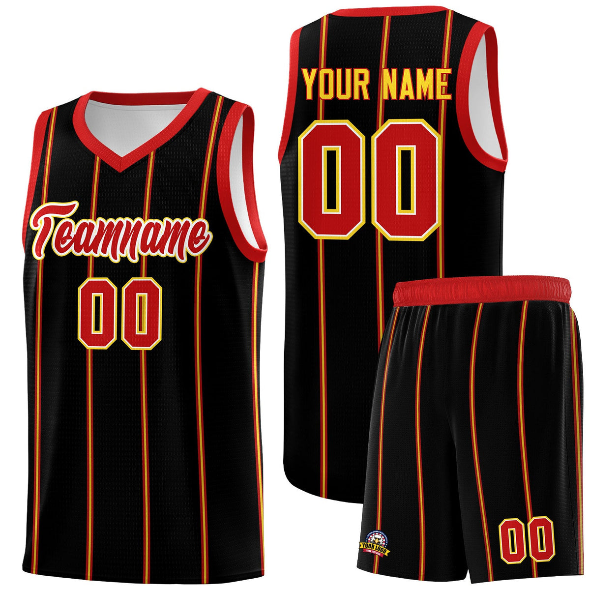 Custom Black Red White Gold Vertical Stripes Single Sided Sets Basketball Jersey | For Men,Stitched,Perfect for Training,Add Name and Numbern | KXKSHOP
