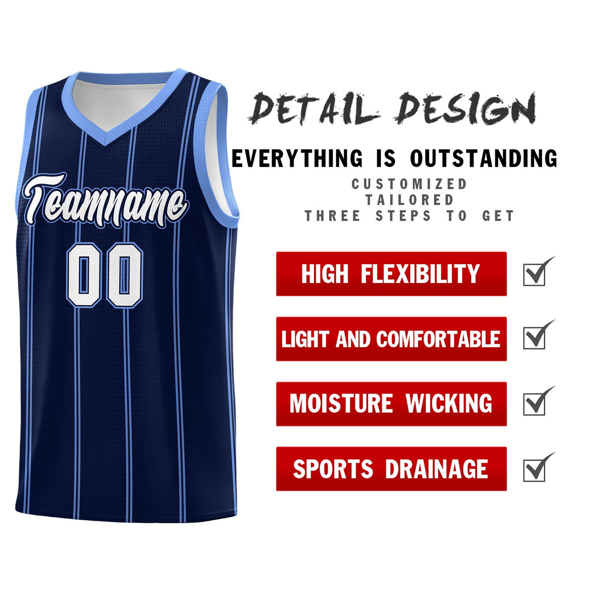 Custom Navy Light Blue White Vertical Stripes Single Sided Sets Basketball Jersey | For Men,Stitched,Perfect for Training,Add Name and Numbern | KXKSHOP