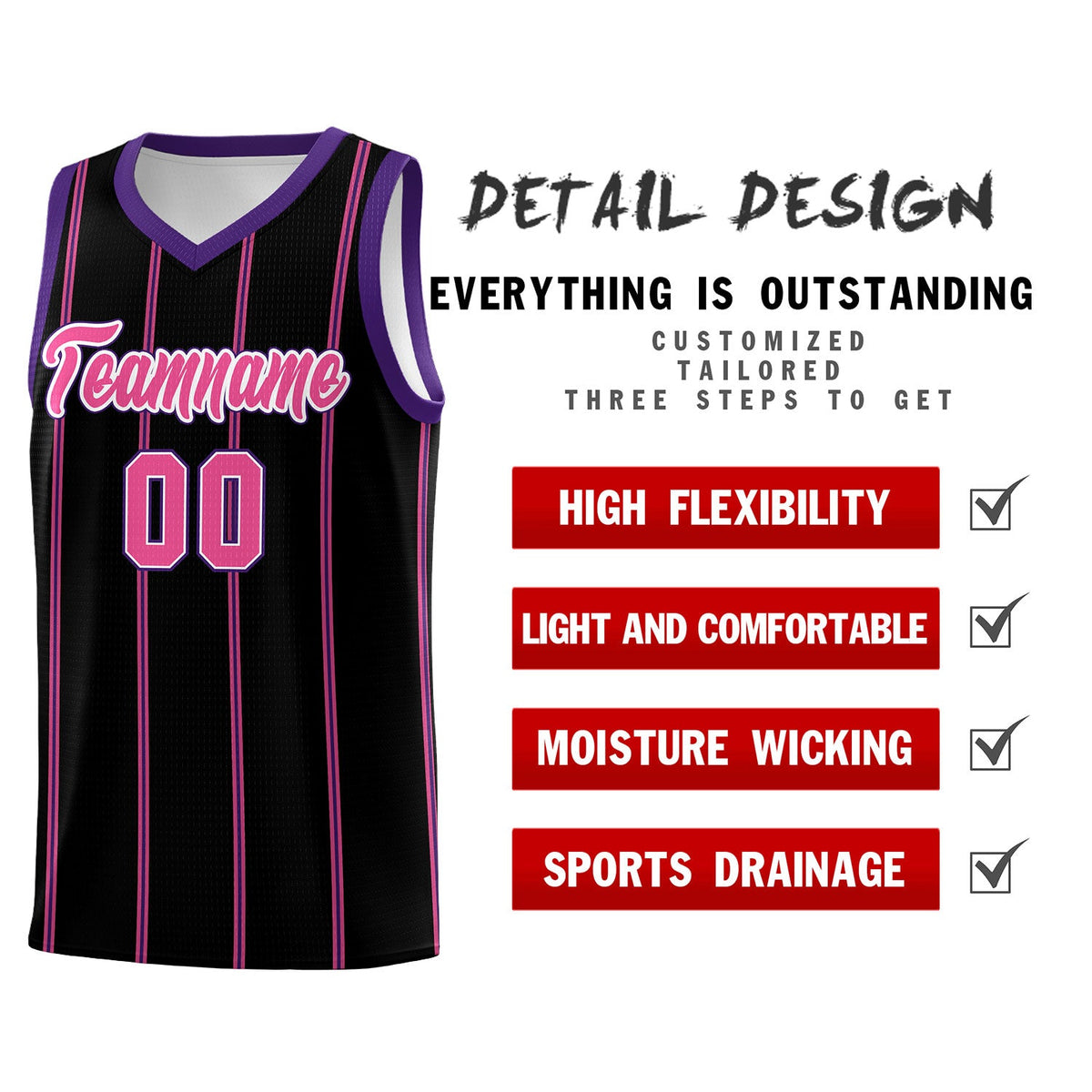 Custom Black Purple Pink White Vertical Stripes Single Sided Sets Basketball Jersey | For Men,Stitched,Perfect for Training,Add Name and Numbern | KXKSHOP