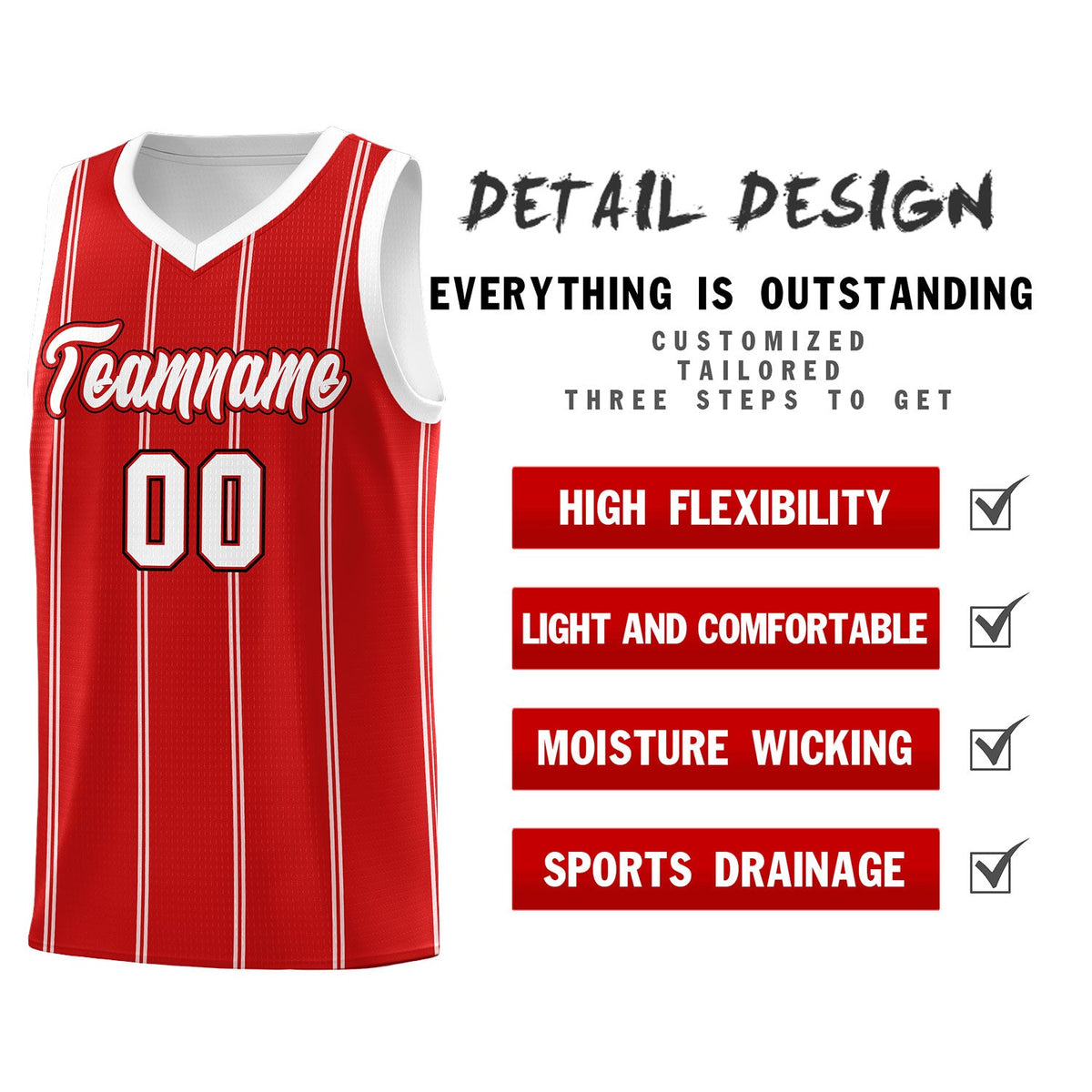 Custom Red White Black Vertical Stripes Single Sided Sets Basketball Jersey | For Men,Stitched,Perfect for Training,Add Name and Numbern | KXKSHOP