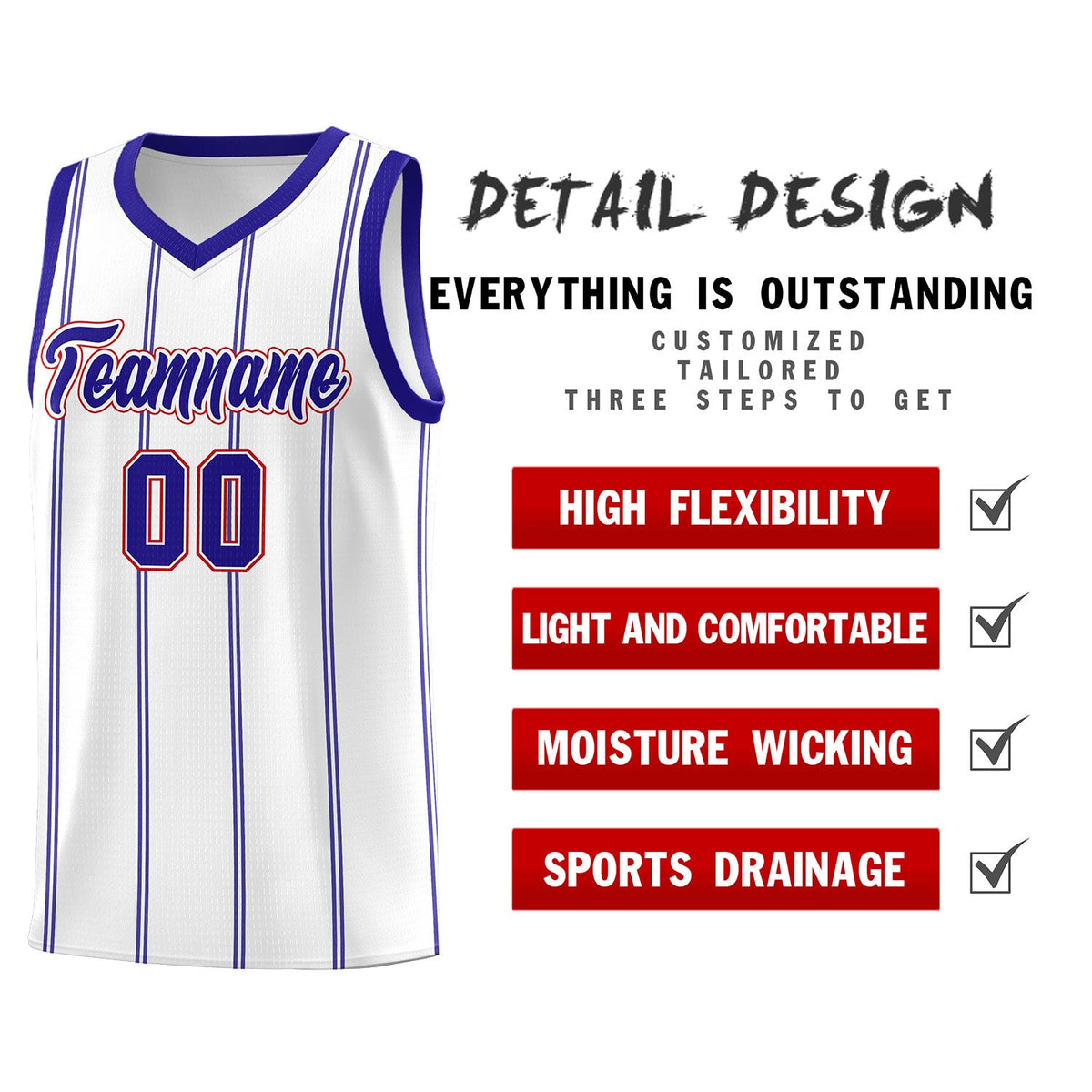 Custom White Royal Blue Red Vertical Stripes Single Sided Sets Basketball Jersey | For Men,Stitched,Perfect for Training,Add Name and Numbern | KXKSHOP