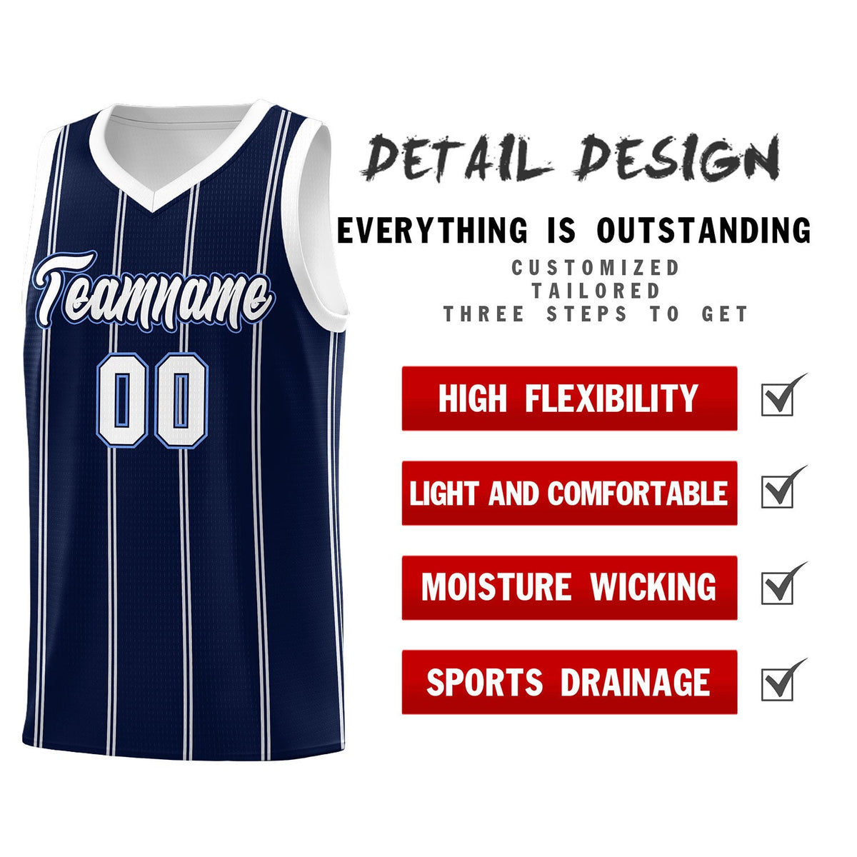 Custom Navy White Light Blue Vertical Stripes Single Sided Sets Basketball Jersey | For Men,Stitched,Perfect for Training,Add Name and Numbern | KXKSHOP