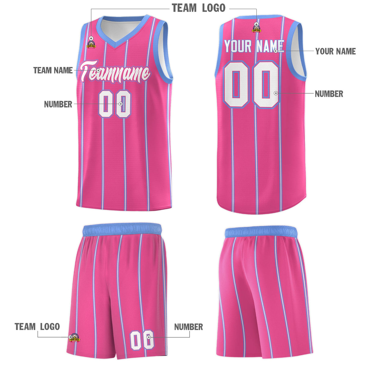 Custom Pink Light Blue White Vertical Stripes Single Sided Sets Basketball Jersey | For Men,Stitched,Perfect for Training,Add Name and Numbern | KXKSHOP