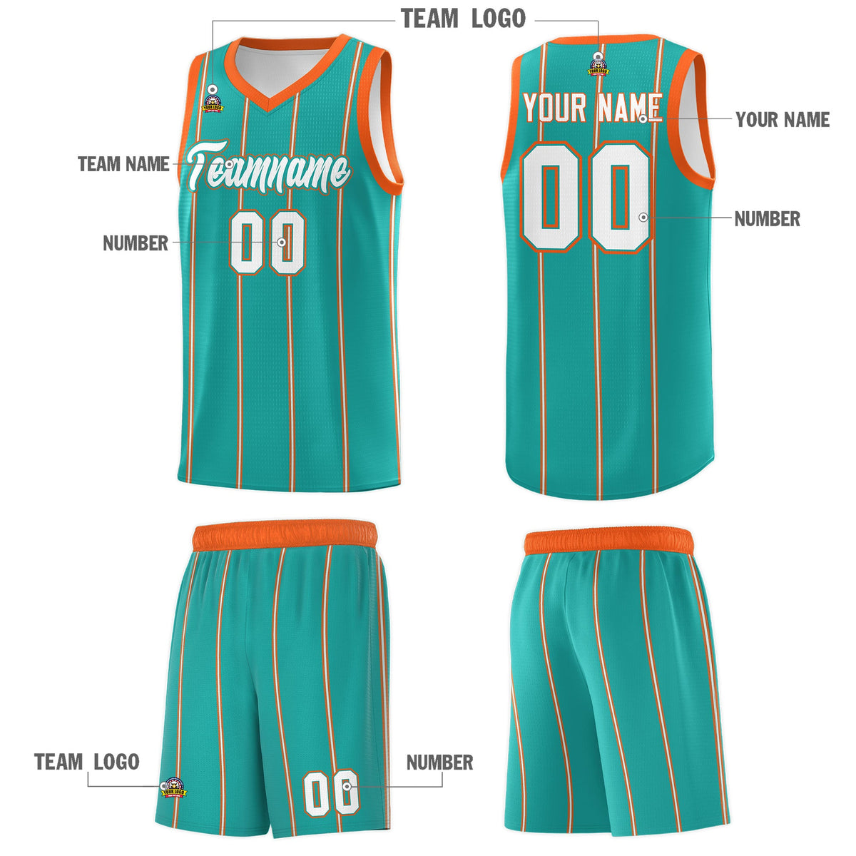 Custom Aqua Orange White Vertical Stripes Single Sided Sets Basketball Jersey | For Men,Stitched,Perfect for Training,Add Name and Numbern | KXKSHOP