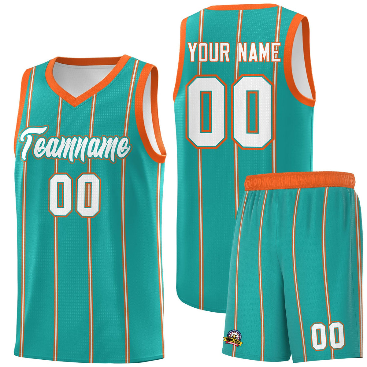 Custom Aqua Orange White Vertical Stripes Single Sided Sets Basketball Jersey | For Men,Stitched,Perfect for Training,Add Name and Numbern | KXKSHOP