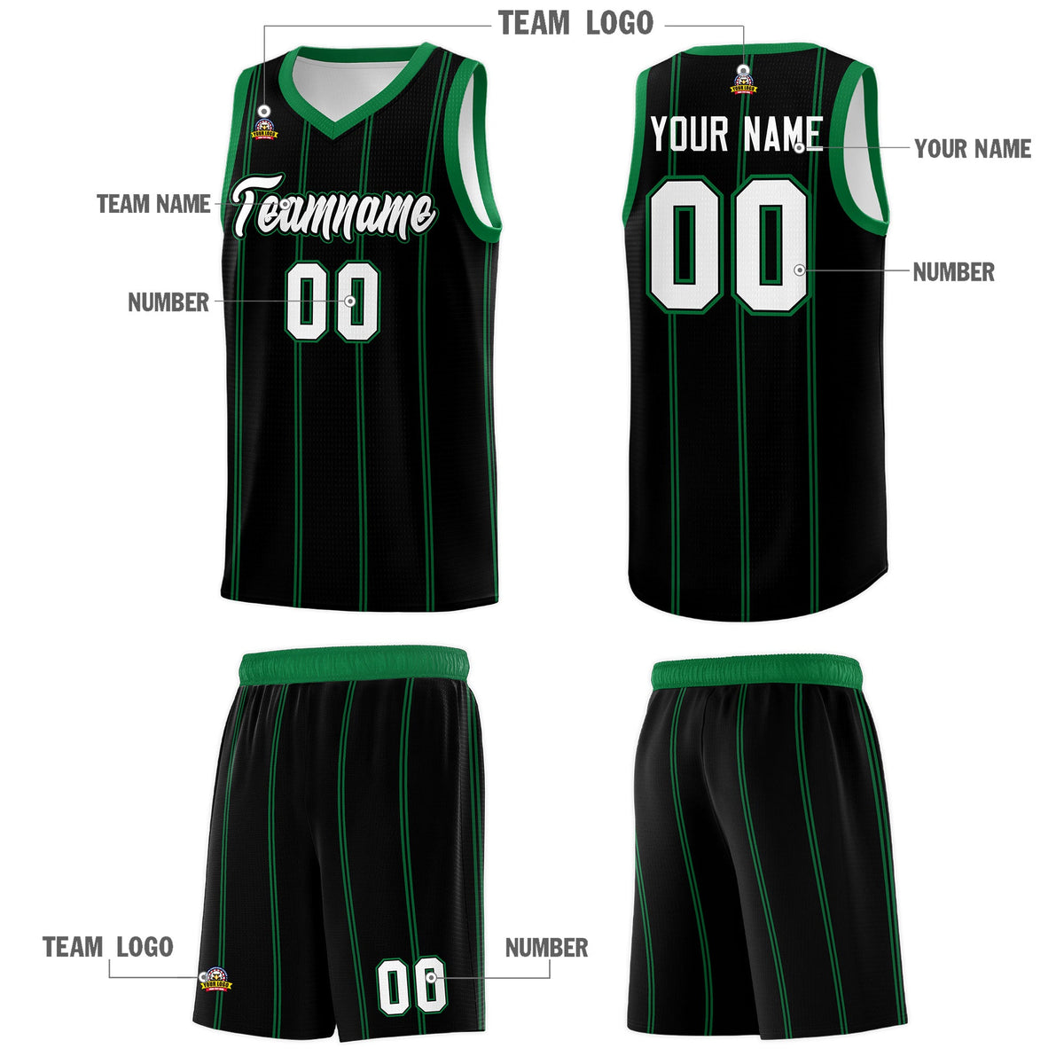 Custom Black Kelly Green White Vertical Stripes Single Sided Sets Basketball Jersey | For Men,Stitched,Perfect for Training,Add Name and Numbern | KXKSHOP