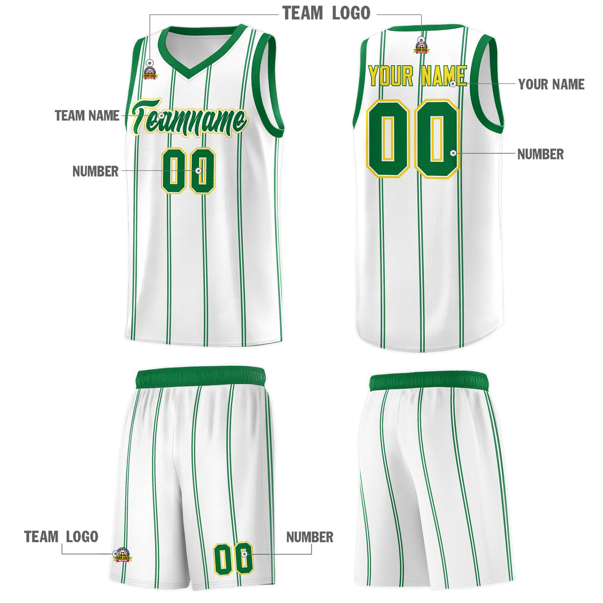 Custom White Kelly Green Gold Vertical Stripes Single Sided Sets Basketball Jersey | For Men,Stitched,Perfect for Training,Add Name and Numbern | KXKSHOP
