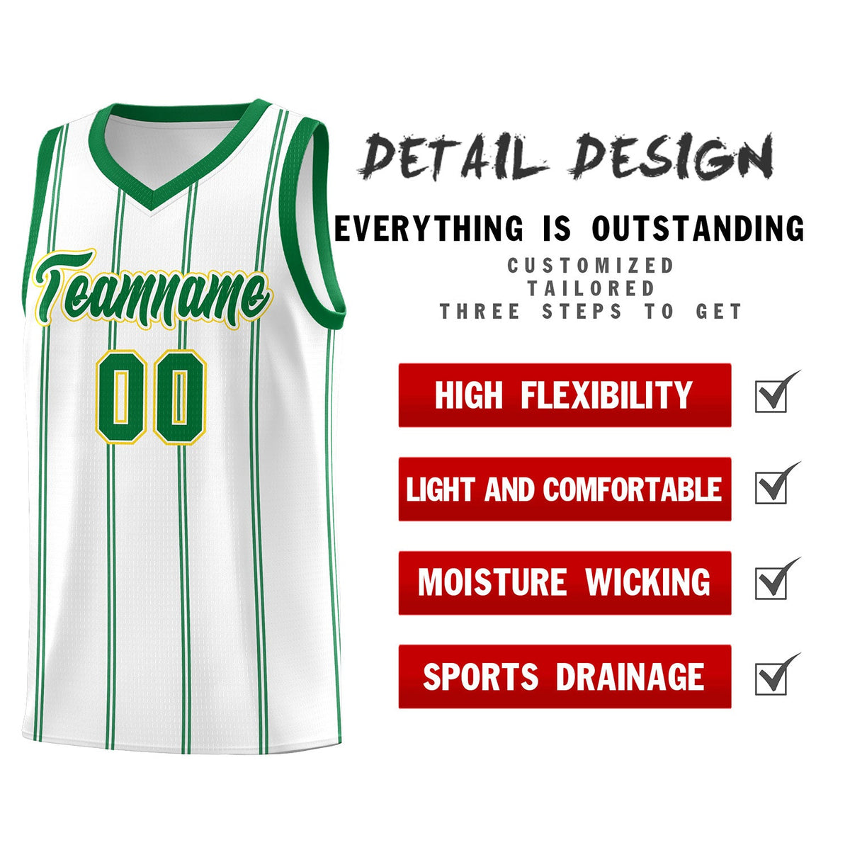 Custom White Kelly Green Gold Vertical Stripes Single Sided Sets Basketball Jersey | For Men,Stitched,Perfect for Training,Add Name and Numbern | KXKSHOP