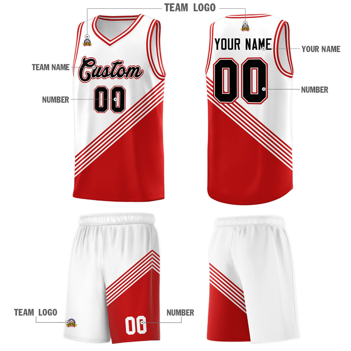 Custom White Red Diagonal Stripes Color Block Sets Basketball Jersey | For Men,For Youth,Sublimation Printed,Perfect for Training,Perfect for Teams | KXKSHOP